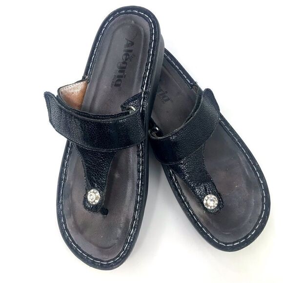 Alegria Black Leather T Strap Diamond Button Slip On Wedge Heel Support Sandals - Picture 2 of 14